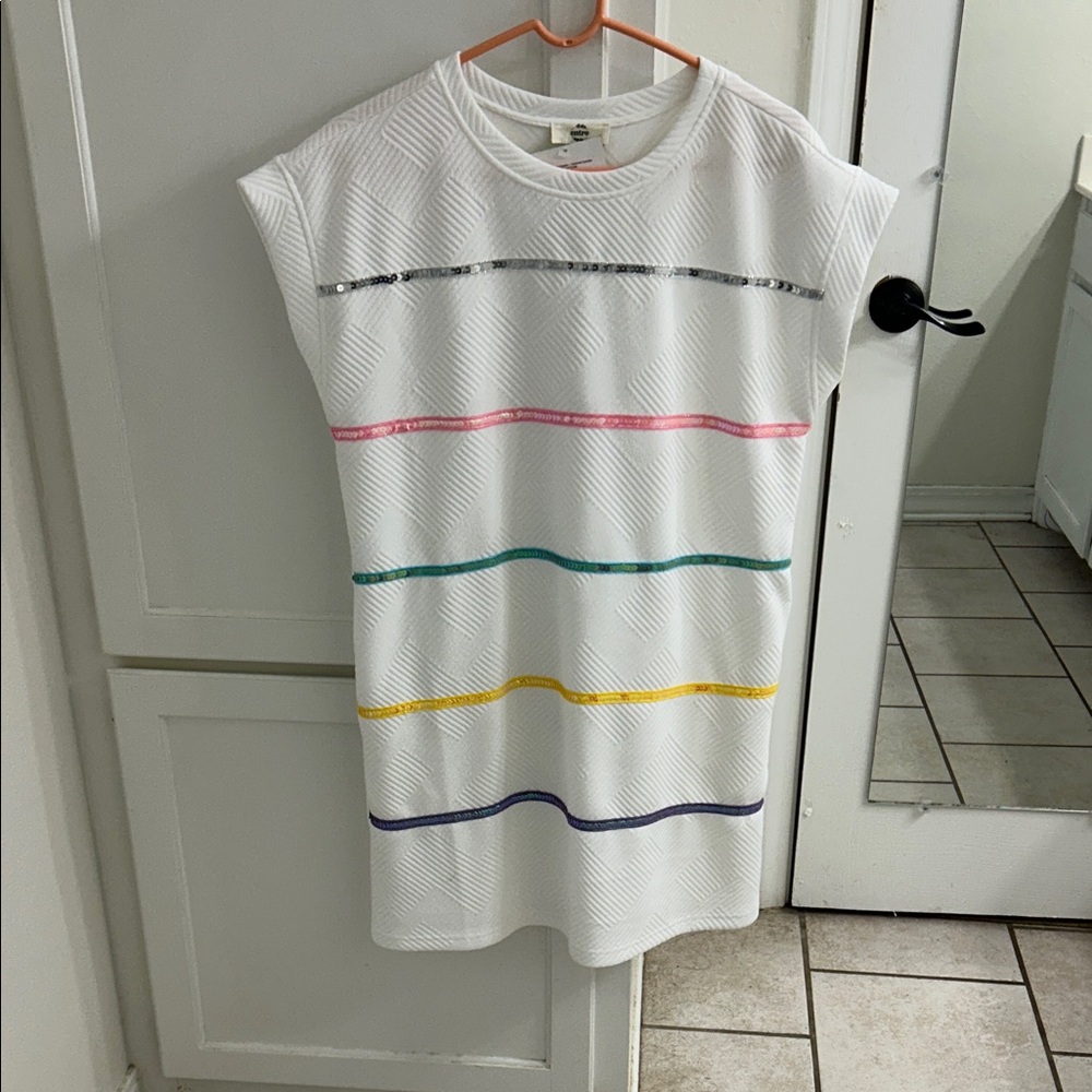 Entro White Textured Sweater Dress. Sequin stripes.